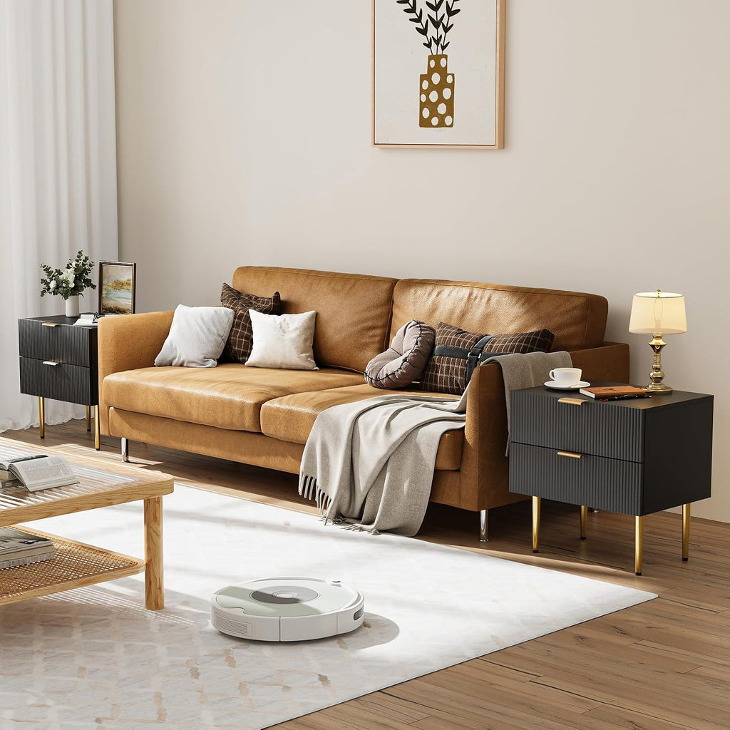 Modern Fluted Nightstand, Black Night Stand with Golden Handles and Metal Legs, Wooden Bedside Table with 2 Drawers for Bedroom Living Room