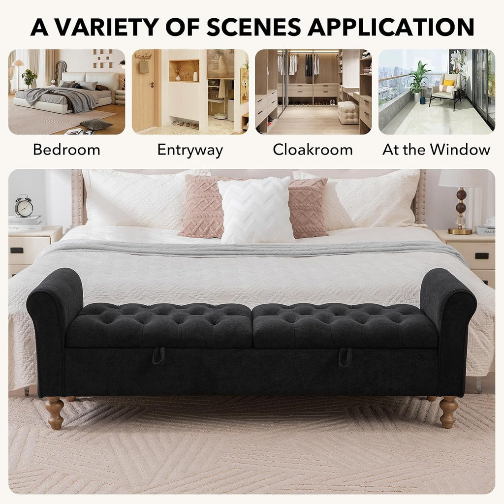 65" Oversize Storage Ottoman Bench, Fleece Upholstered End of Bed Benches with Rolled Armrest, Modern King Size Benches with Rolled Armrest, Window Bench (Black+Dual-Cover)