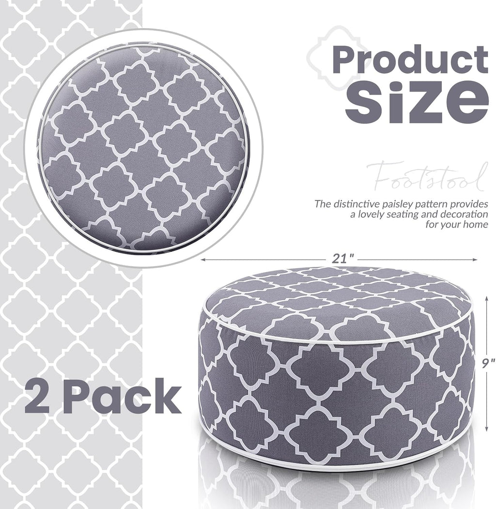 Juexica 2 Pack Inflatable Outdoor Ottoman Pouf Waterproof Round Footrest with Handle D21 x H9 Inch Indoor Outdoor Portable Footstool Pouf for Patio Garden Camping or Home Pool(Classic)