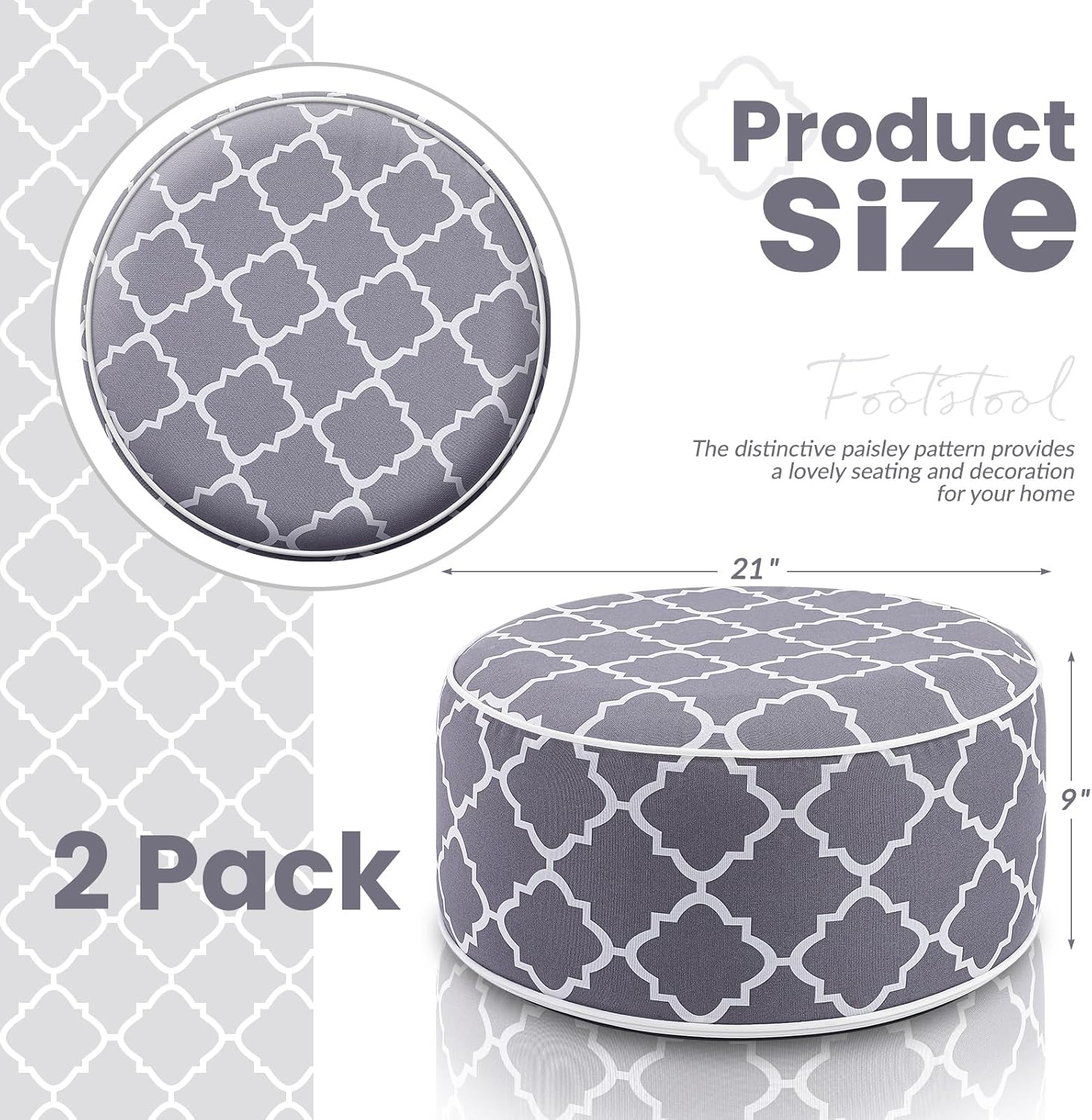 Juexica 2 Pack Inflatable Outdoor Ottoman Pouf Waterproof Round Footrest with Handle D21 x H9 Inch Indoor Outdoor Portable Footstool Pouf for Patio Garden Camping or Home Pool(Classic)