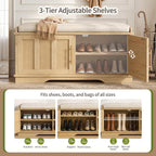Heybly Shoe Cabinet with Bench, Rattan Entryway Storage Bench with Cushion, Shoe Storage Bench Cabinet with 2 Doors, Adjustable Shelves, Wooden Shoe Bench 39.4" for Living Room Bedroom Hallway HSB002N