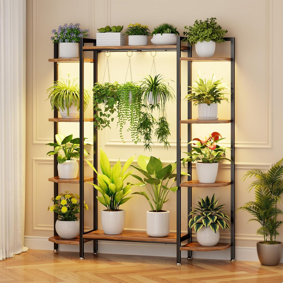 C1 Plant Stand Indoor with 6 Grow Lights, 6 Tiered Large Metal Plant Stand, 55 Inches Tall Plant Shelf with Hooks, Plant Holder Display Shelves for Patio, Garden, Living Room, Balcony