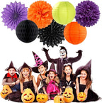 Black-Orange Purple Green Halloween Party-Decorations - 14pc Kit Paper Lanterns Fan,Tissue Flower Pom Poms Streamers,Honeycomb Balls,Birthday Supplie Wedding Baby Bridal Shower Decor Lasting Surprise