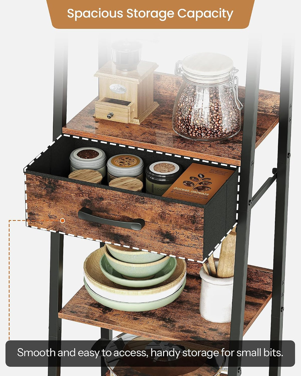 CHOEZON 5 Tier Ladder Shelf with Drawer, Tall Ladder Bookshelf, Standing Bookcase with Metal Frame for Living Room, Bathroom, Home Office, Study, Balcony, Rustic Brown and Black TCJ07BF