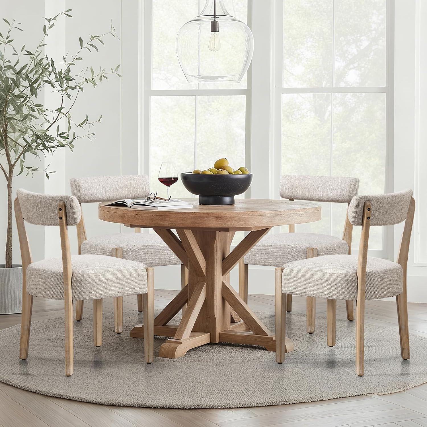 ZJhome Dining Chairs Set of 4,Mid Century Modern Dining Chair Set - Linen Upholstered Low Back Kitchen & Dining Room Chairs with Woven Design,Oatmeal Fabric