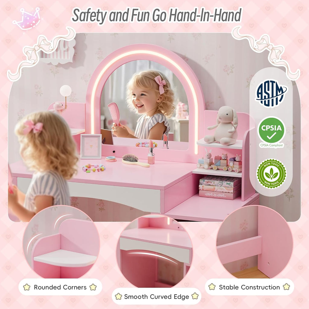 Kids Vanity with Lights, Kids Makeup Vanity with Bookshelf, Enclosed Cabinet and 3-tier Open Shelves, Little Girl Vanity Table Set with Lighted Mirror and Stools, Toddler Vanity for Girls (Pink)