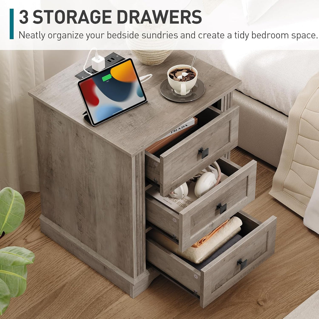 RALGEND Nightstand Set of 2, Night Stand with 3 Drawers, 18 Inch Wide End Table with Charging Station, Farmhouse Nightstand, Bedside End Tables Living Room, Bedroom, Greige