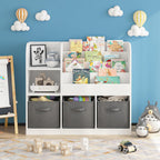 Kids Bookcase with 3 Collapsible Fabric Drawers, Multifunctional Toy | Sturdy MDF construction holds heavy books; anti-tip device for safety; 3 collapsible fabric drawers for toy storage; per