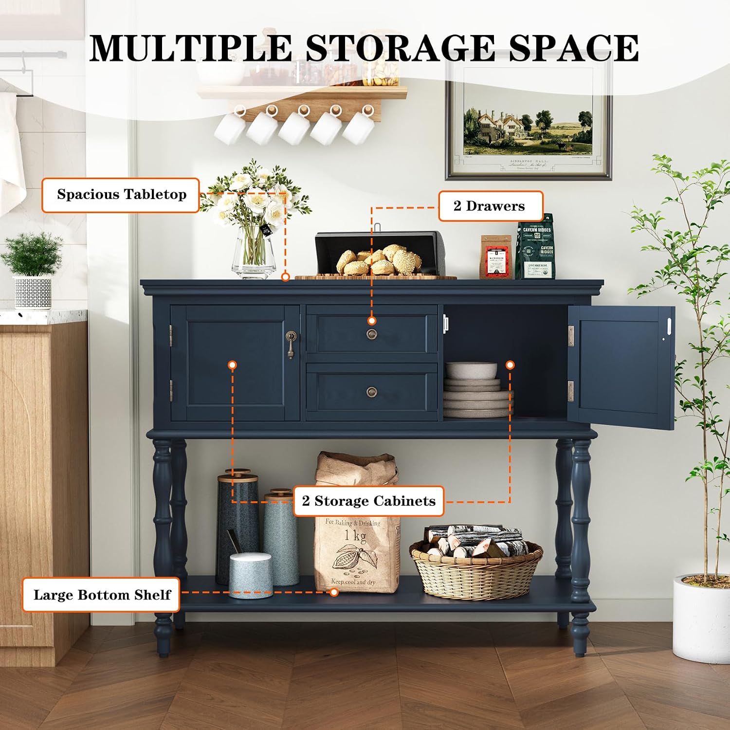 ARTPOWER Console Table with 2 Drawers, Retro Entryway Table with 2 Door | Solid Wood Veneer Entry Table, Behind Couch Sofa Table with Open Storage Shelf for Living Room, Foyer, Hallway