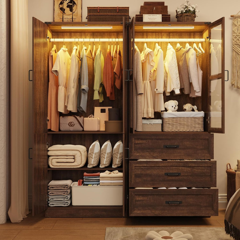 75" Tall Farmhouse 4 Doors Armoire Wardrobe Closet with 3 Drawers and LED,Freestanding Closet Wardrobe Cabinet for Bedroom with Hanging Rod,Wooden Armoire Storage Cabinet with Adjustable shelve(Brown)
