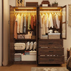 75" Tall Farmhouse 4 Doors Armoire Wardrobe Closet with 3 Drawers and LED,Freestanding Closet Wardrobe Cabinet for Bedroom with Hanging Rod,Wooden Armoire Storage Cabinet with Adjustable shelve(Brown)