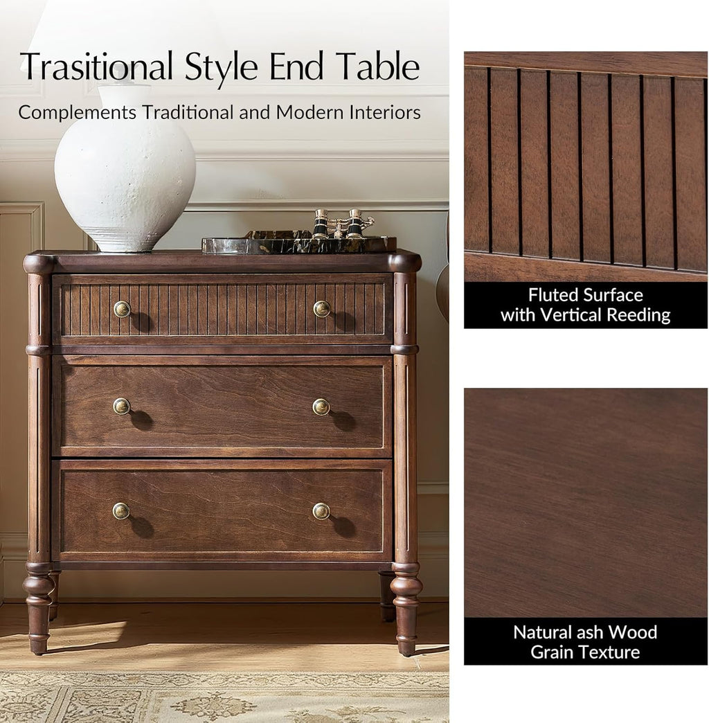 HULALA HOME Traditional End Table with Charging Station, Fluted End Tables with Wood Drawers and Solid Wood Spindle Legs, 28 Inch Wide Storage Set of 2, Walnut