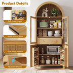 71" Tall Arched Kitchen Pantry with Drawer,Glass Door,Door Racks, Fluted Hutch Cabinet with Storage & Adjustable Shelves,Cupboard Buffet Cabinet for Living Room, Coffee Bar Corner(Natural) (Natural-1)