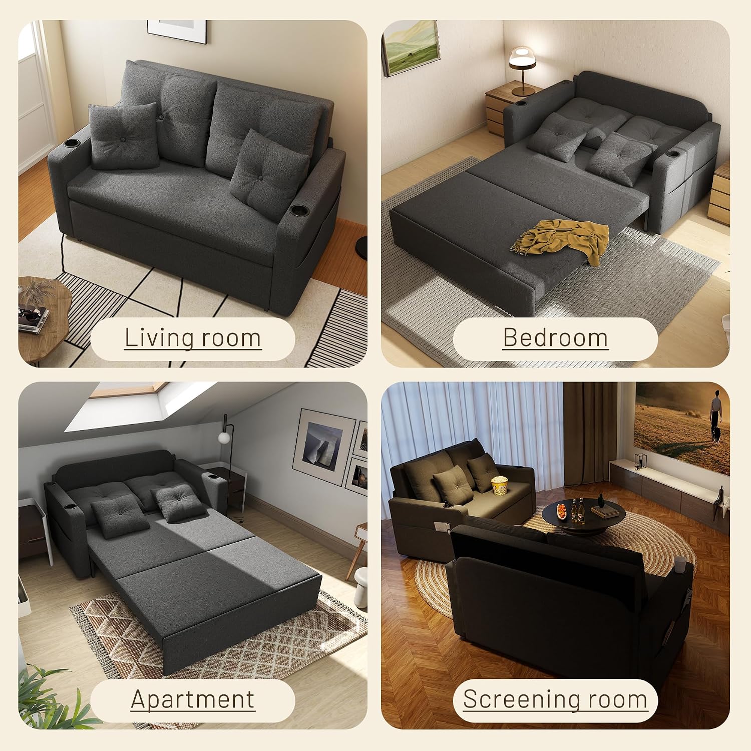 Krcix 3 in 1 Sofa Bed, 56" Convertible Pull Out Couch, Loveseat Sleeper | Multi-Function Couch Bed for Living Room, Small Space-Saving, Sleeper Couches with Storage Pocket, Cup Holder, Charcoal Grey