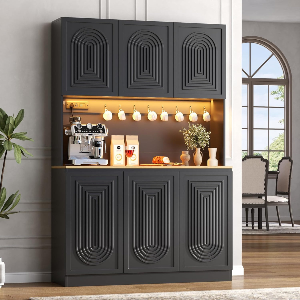 Gyfimoie 71" Kitchen Pantry with Power Outlet & LED Light, Large Kitchen Hutch Cabinet with Adjustable Shelf, Modern Buffet Cabinet with 6 Doors, Food Pantry Storage for Dining Room (Black-6 Doors)