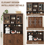 70.9" Tall Kitchen Pantry Cabinet with Glass Doors and Hutch, Freestanding Storage Cupboard with 5 Cabinets, Open Shelves & Inner Door Spice Racks, Multi-Purpose Organizer for Dining Room, Kitchen
