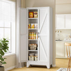 RAVIGIN Farmhouse Storage Cabinet,75" H Metal Pantry Cabinet with Barn Doors and Adjustable Shelves,75" H 6-Tier Rustic Pantry Organizers for Kitchen,Dining Room,White