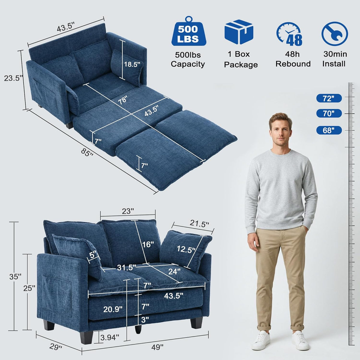 49" Loveseat Sofa Bed, 2 in 1 Convertible Small Sofa Pull Out Couch Bed Chenille Deep 2 Seat Sleeper Twin XL Futon Mattress for Small Spaces Living Room Bedroom Apartment Office, Blue