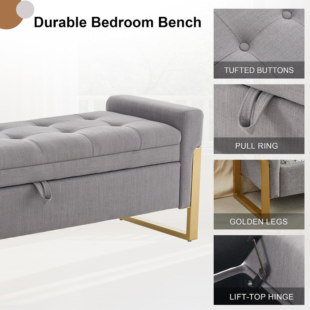 57" Storage Ottoman Bench，Upholstered Linen End of Bed Bench Entryway Storage Bench for Living Room,Light Grey