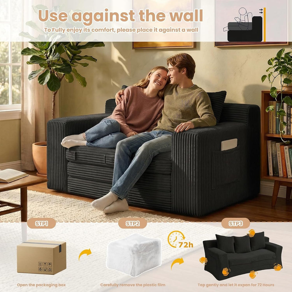 Loveseat Sofa Bed, Tri-Folding Convertible Futon Sleeper with Handle & Side Pockets, 54'' Couch with Hook and Loop No Assembly for Small Space,Living Room & Bedroom