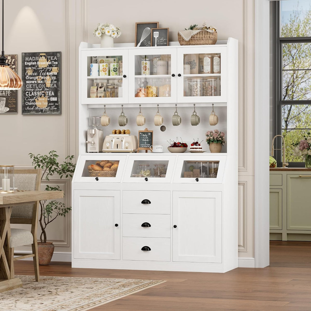 HIFIT 71.4” H Kitchen Hutch Pantry Cabinet with 3 Bread Boxes&7 Metal Hooks | Farmhouse Kitchen Hutch Cabinet with Storage and Glass Doors for Living Dining Room, Home Office, White