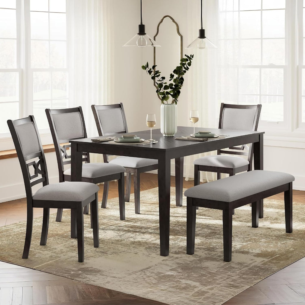 Signature Design by Ashley Langwest 6-Piece Dining Table Set with Bench | Seats up to 6, 60.38 in W dining table, Reverse diamond patterned veneer, Tapered legs, Light beige polyester fabric