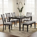 Signature Design by Ashley Langwest 6-Piece Dining Table Set with Bench | Seats up to 6, 60.38 in W dining table, Reverse diamond patterned veneer, Tapered legs, Light beige polyester fabric