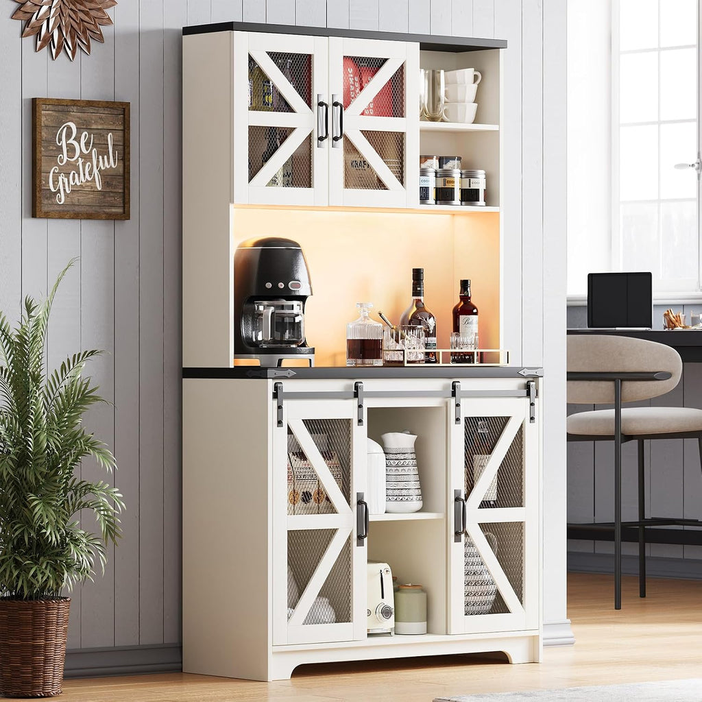 71" Tall Farmhouse Pantry Storage Cabinet With LED Lights and Charging Station, Adjustable Shelves, Sliding Doors, Kitchen Cupboard, White