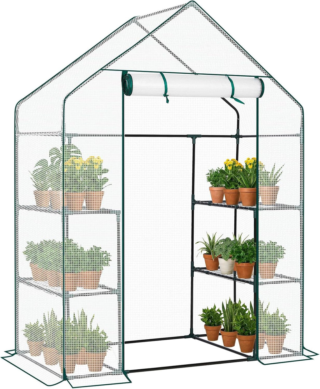 Outvita Walk-in Greenhouse, Outdoor Durable PE Plant Green House for Frost Protection with 3 Tiers 4 Shelves, Shelf Clips, Roll-up Zipper Door, 56"x29"x77" White