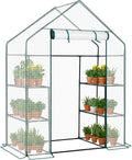 Outvita Walk-in Greenhouse, Outdoor Durable PE Plant Green House for Frost Protection with 3 Tiers 4 Shelves, Shelf Clips, Roll-up Zipper Door, 56"x29"x77" White