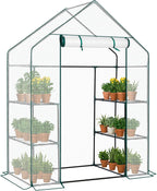 Outvita Walk-in Greenhouse, Outdoor Durable PE Plant Green House for Frost Protection with 3 Tiers 4 Shelves, Shelf Clips, Roll-up Zipper Door, 56"x29"x77" White