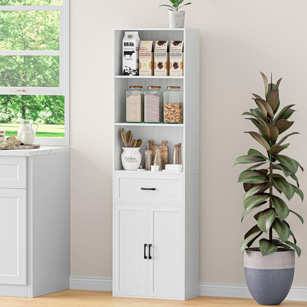 67" Tall Kitchen Pantry Storage Cabinet, Modern Freestanding Food Storage Unit with Doors, 4 Tier Open Shelves, Cupboard for Small Kitchen, Mudroom or Hallway (White, with Drawer)