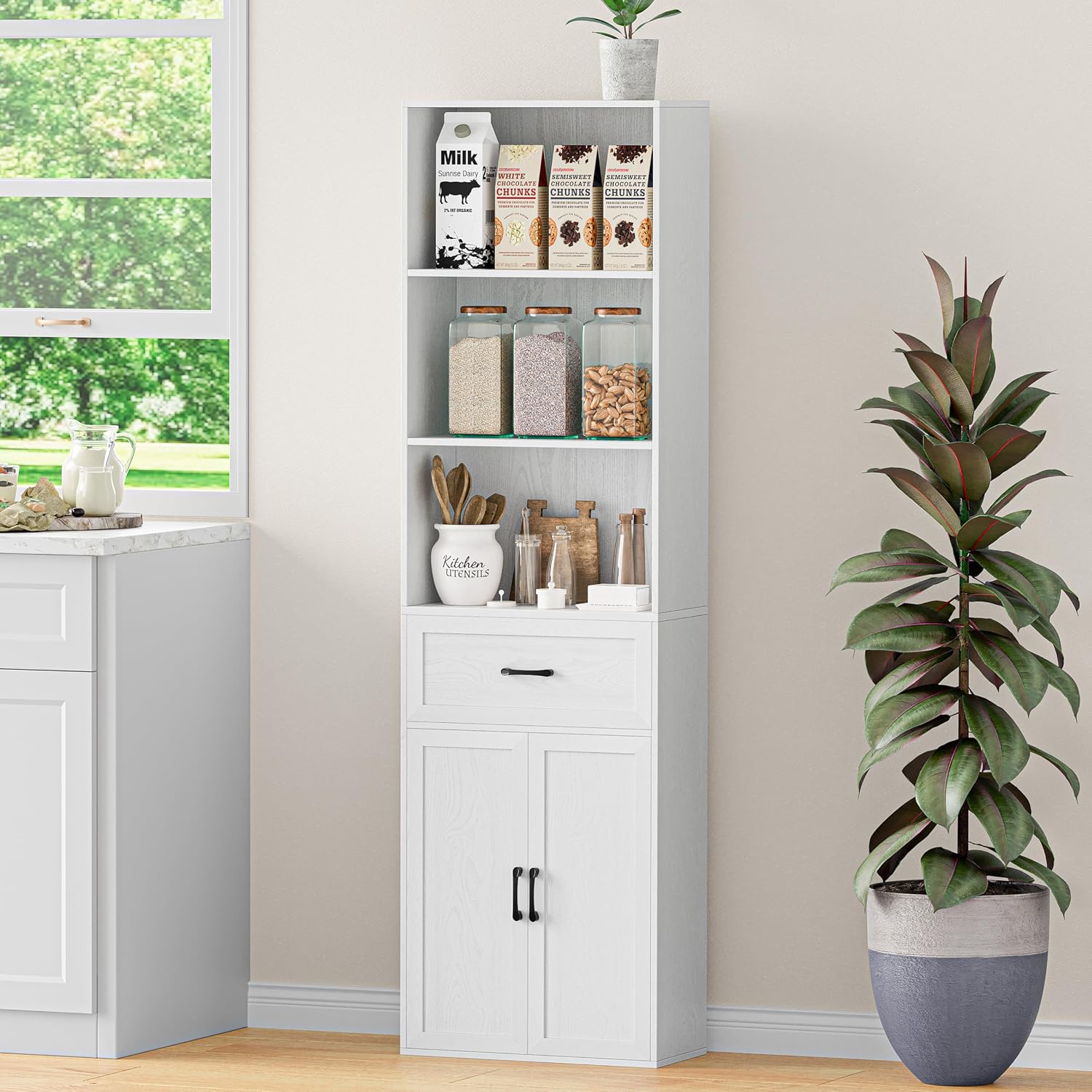 67" Tall Kitchen Pantry Storage Cabinet, Modern Freestanding Food Storage Unit with Doors, 4 Tier Open Shelves, Cupboard for Small Kitchen, Mudroom or Hallway (White, with Drawer)