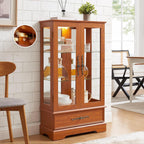 47" Lighted Glass Accent Curio Cabinet, 3-Tier Antique Storage Cage with Adjustable Shelves & Drawer, Acrylic Mirrored Pane, Light Blub Included, Small China Cabinet for Living Room/Kitchen (Dark Oak)