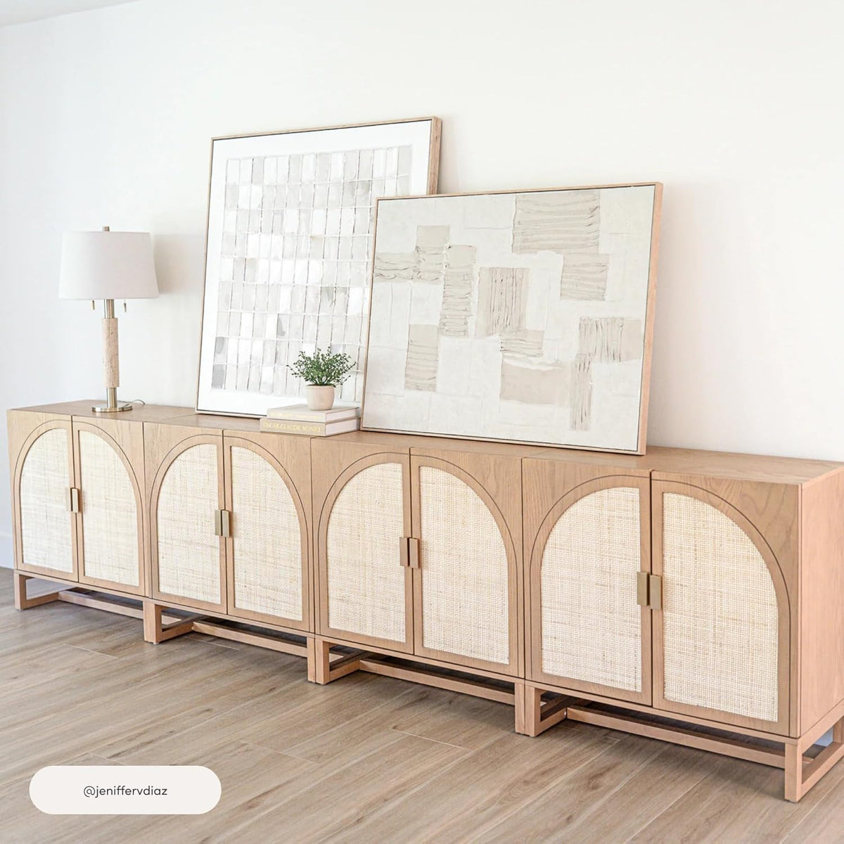 Nathan James Paxton Mid-Century Modern Wood Storage Cabinet with Doors, Arched Storage Cabinet for Living Room or Kitchen with Rattan Door Details, Raw Oak