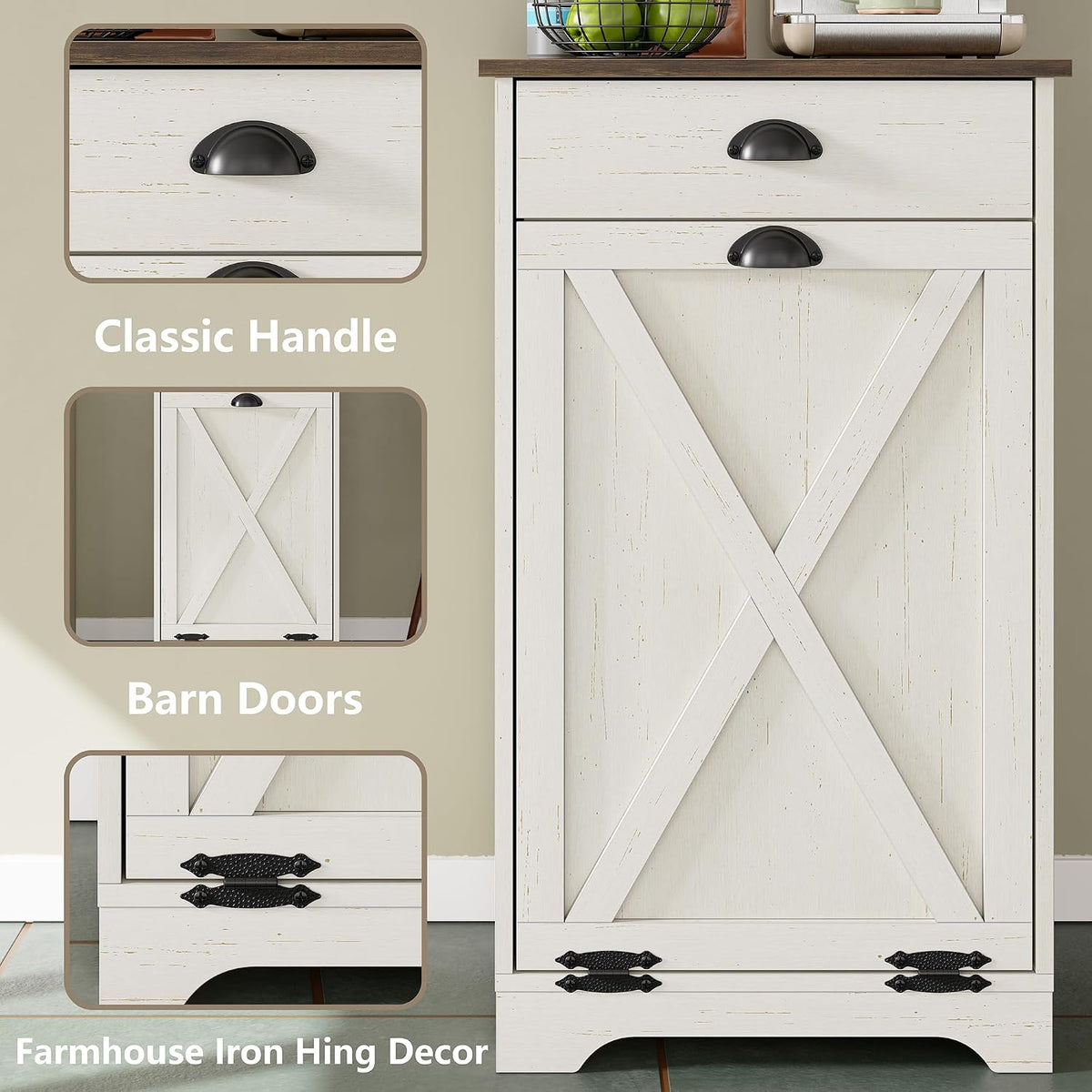 Furniouse Single Tilt Out Trash Can Cabinet with Drawer, 10 Gallon Wood Garbage Cabinet for Kitchen, Antique White