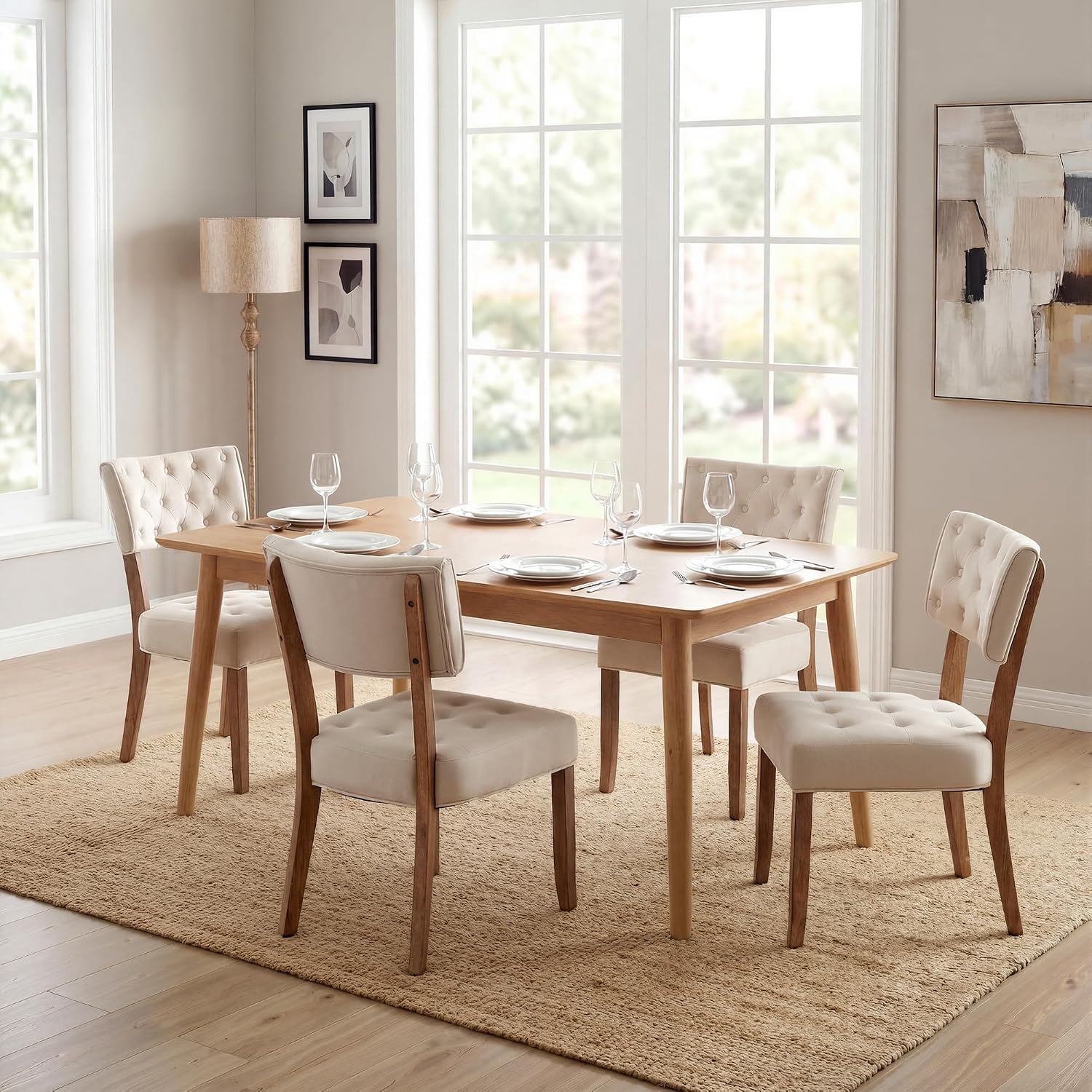 UVV Wooden Dining Chairs Set of 2, Mid Century Tufted Upholstered Kitchen Chairs Dining Room Chairs, Velvet Farmhouse Dinner Chair for Kitchen Dining Room, Beige