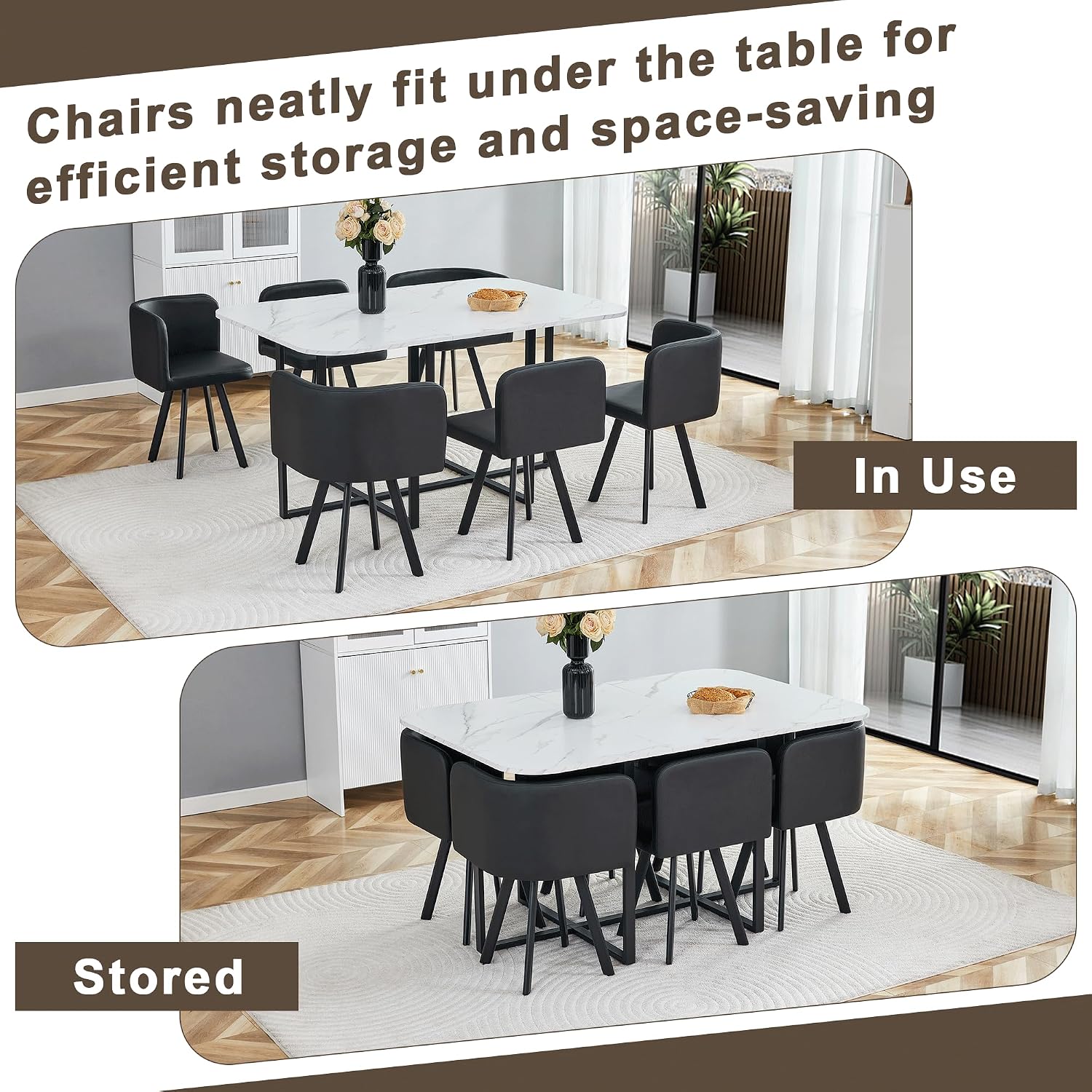 Merax 7-Piece Dining Set with Faux Marble Table, PU Upholstered Chairs, Space-Saving Kitchen Table for Dining Room/Breakfast Nook/Small Spaces, White+Black