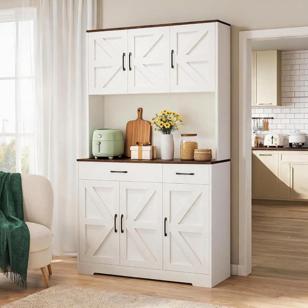 71" Kitchen Pantry Cabinet with Charging Station, Pantry Storage Cabinet Large Kitchen Hutch with Microwave Stand, Coffee Bar Station with Doors and Adjustable Shelves for Kitchen, White