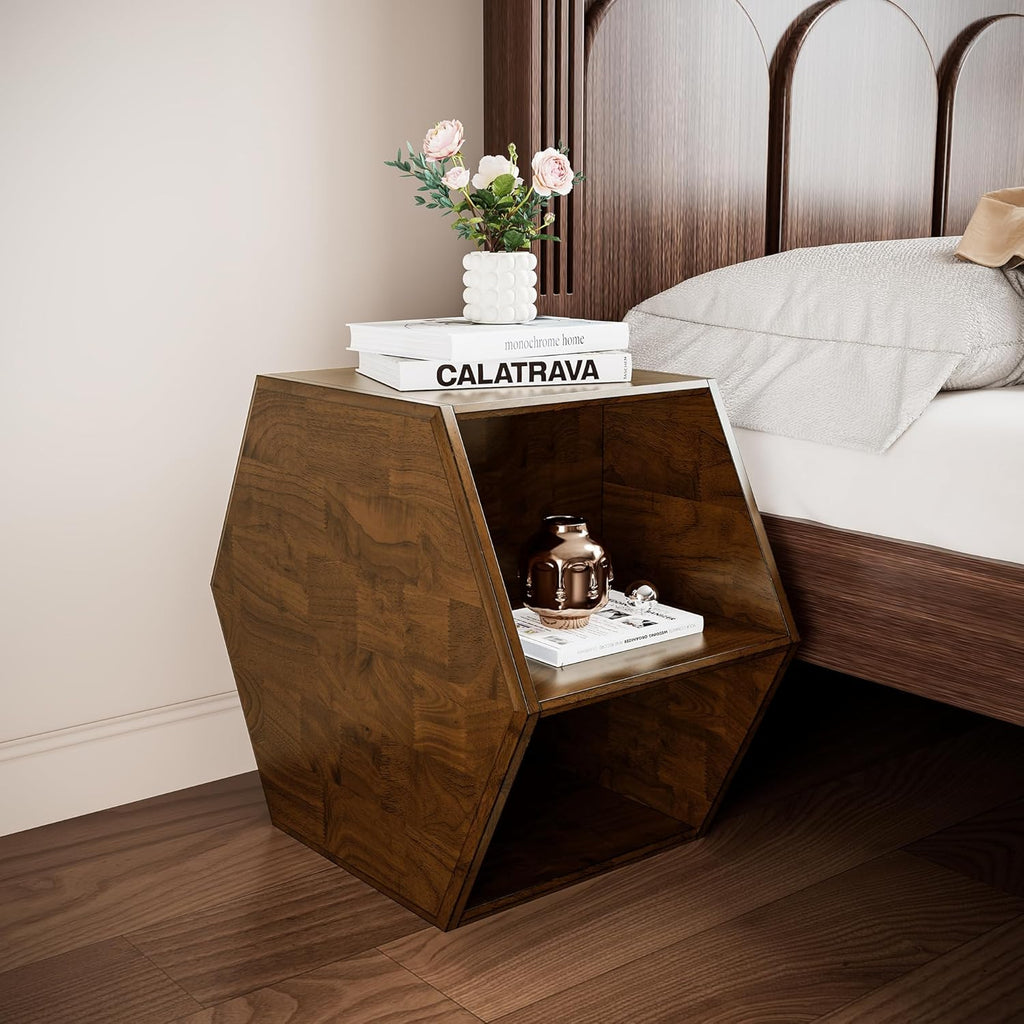 PADMA HOUSE Solid Wood Small End Table, Fully Assembled Hexagon Sofa Side Table with Ample Storage Space, Pre-Assembled Nightstand Slim Bedside Table for Small Spaces