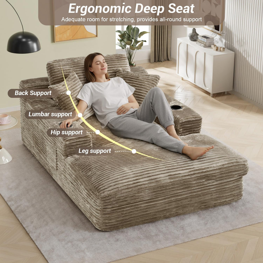 49" x 76" Corduroy Chaise Lounge, Cup Holders, Camel | Super-oversized corduroy chaise with deep sleeper seating and built-in cup holders for reading, lounging rest.