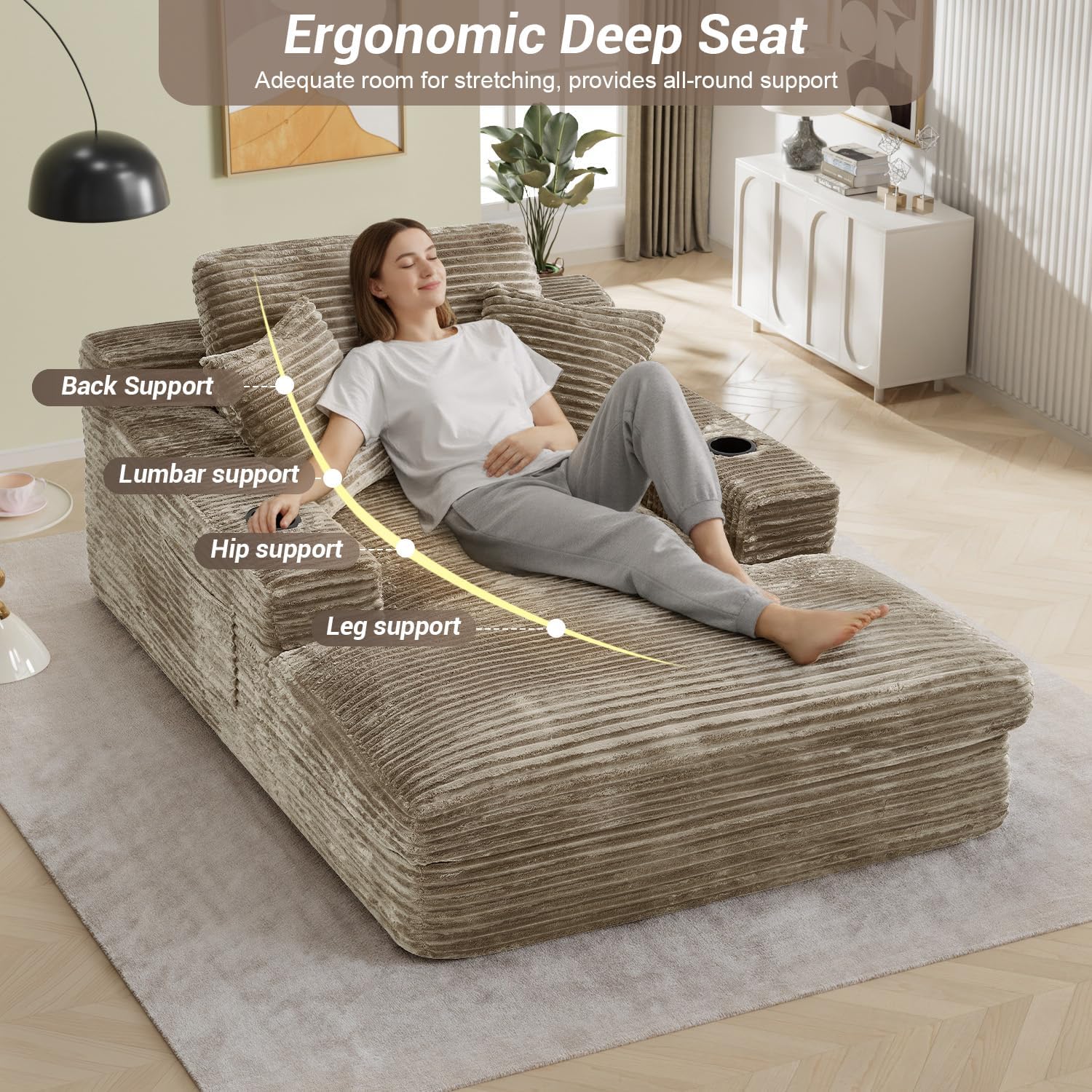 49" x 76" Corduroy Chaise Lounge, Cup Holders, Camel | Super-oversized corduroy chaise with deep sleeper seating and built-in cup holders for reading, lounging rest.