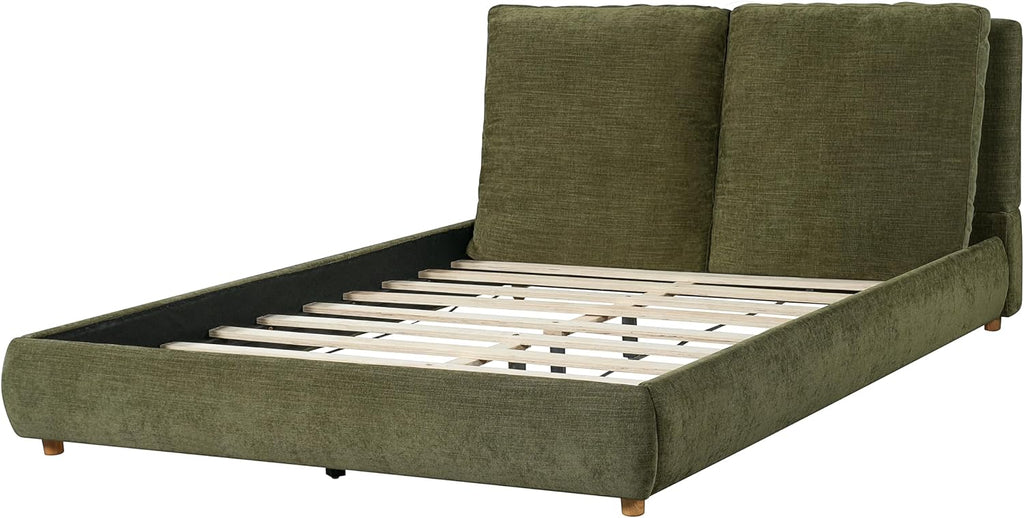 Merax Queen Linen Blend Platform Bed with 2 Headboard Pillows, Olive Green