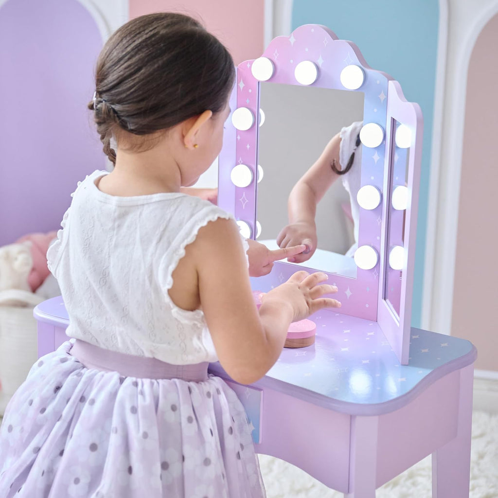 Teamson Kids Gisele Medium Vanity with Stool, Purple, Ages 3+ | Stardust Print, LED Lights & Touch Sensor Mirror, Storage Drawer, Pretend Play, Elegant Dressing Table Set