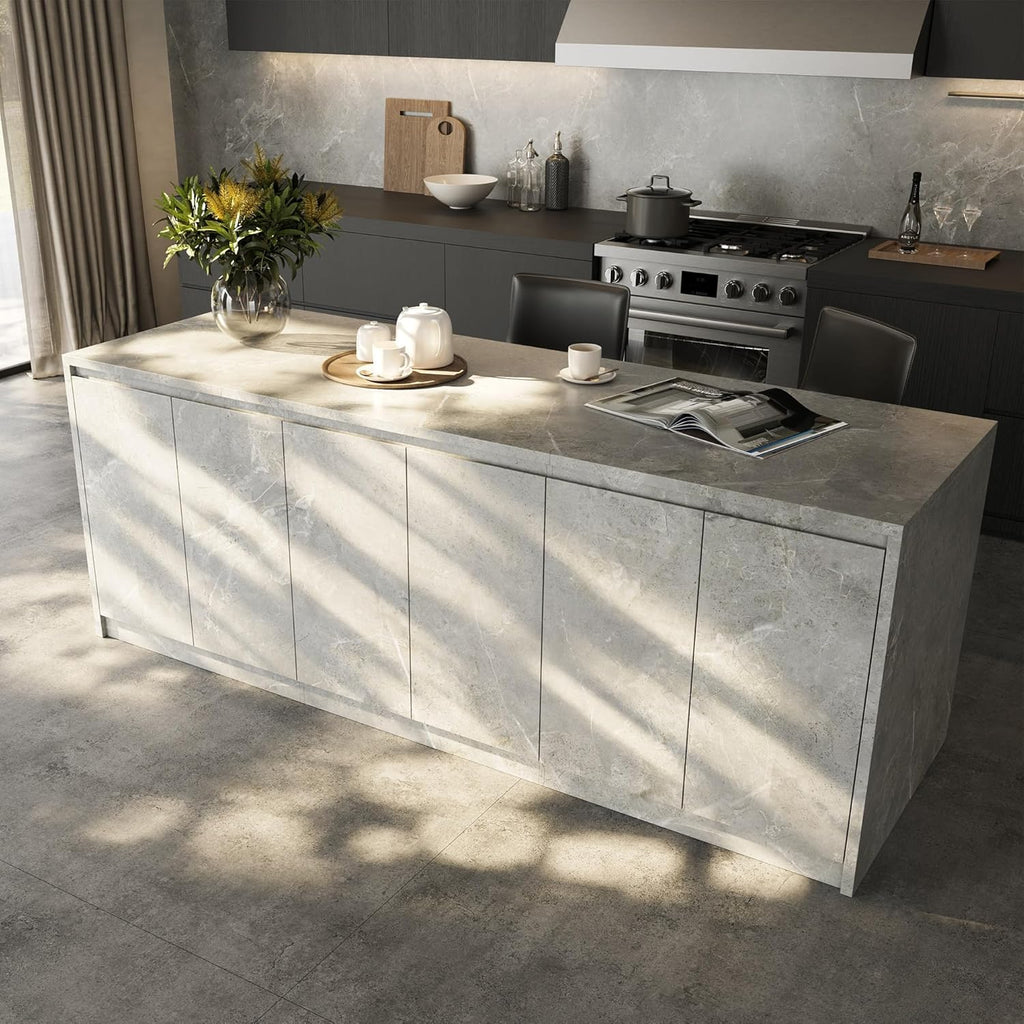 Homsee 94.5-Inch Large Kitchen Island with Storage, 6-Door Home Bar Table Kitchen Station with Seating, Wood Stationary Island Table Breakfast Counter for Dining Room, Grey with Marble Veneer