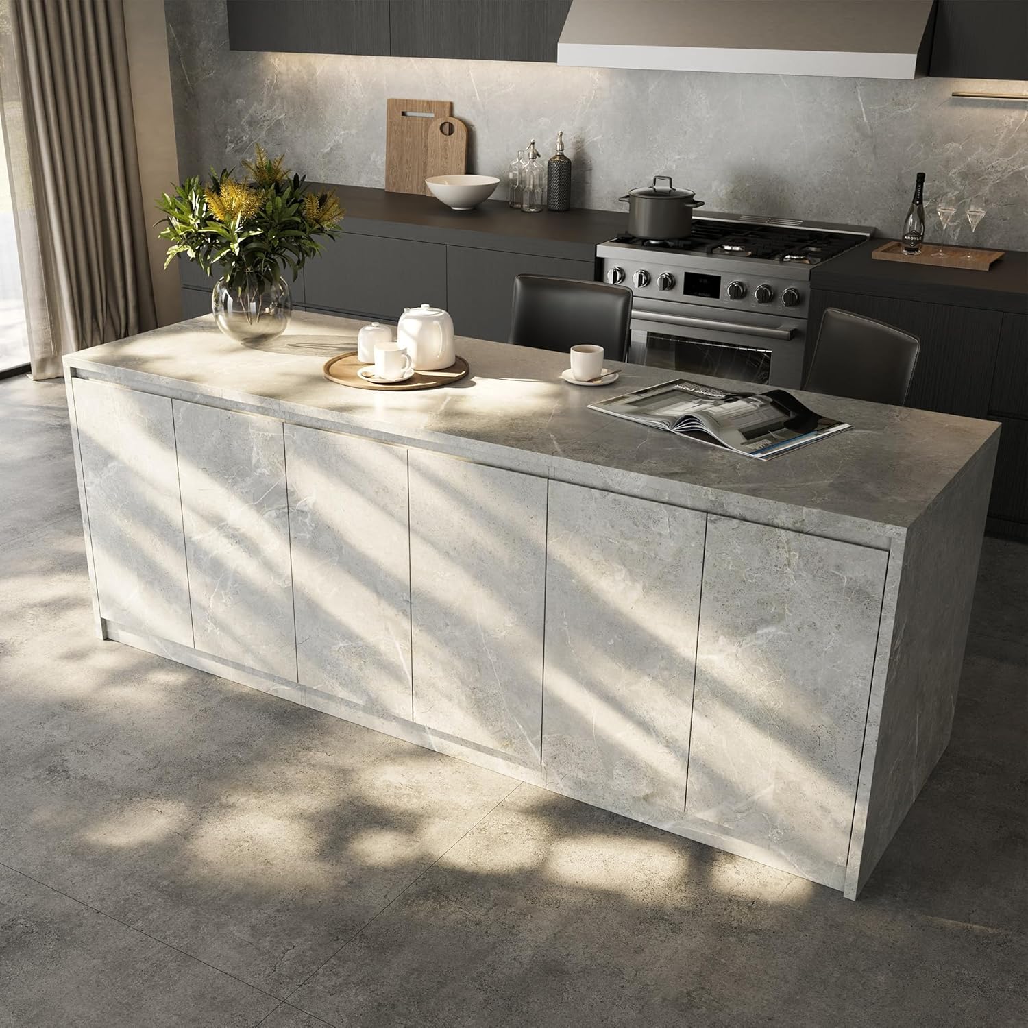 Homsee 94.5-Inch Large Kitchen Island with Storage, 6-Door Home Bar Table Kitchen Station with Seating, Wood Stationary Island Table Breakfast Counter for Dining Room, Grey with Marble Veneer