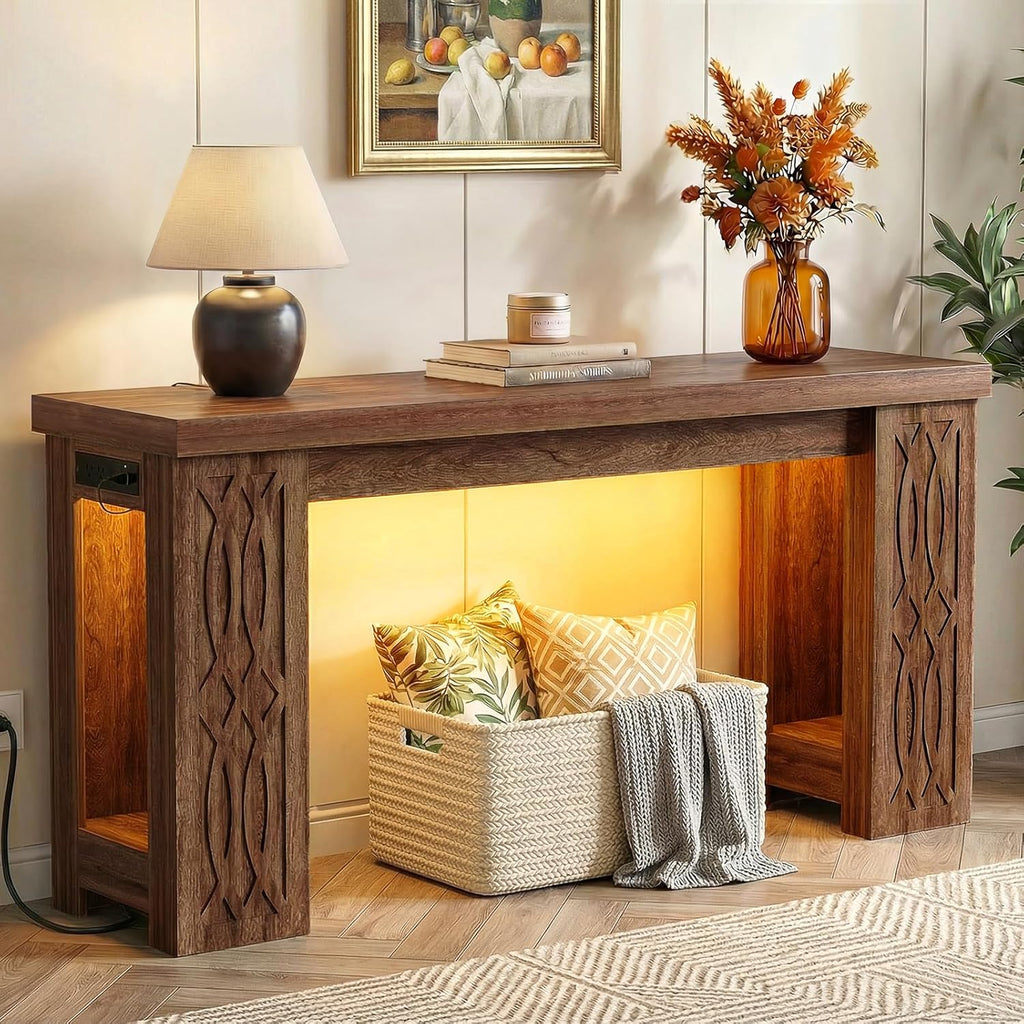 Cyclysio 63" Console Table with Outlet, Farmhouse Entryway Table with Colorful LED Lights, Wooden Sofa Table with Unique Carved Design, Foyer Accent Table for Entrance, Hallway, Living Room