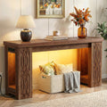Cyclysio 63" Console Table with Outlet, Farmhouse Entryway Table with Colorful LED Lights, Wooden Sofa Table with Unique Carved Design, Foyer Accent Table for Entrance, Hallway, Living Room