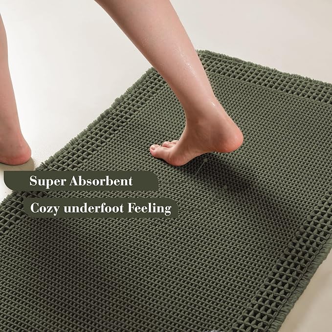 RESARE Waffle Bath Mat for Bathroom, Super Absorbent Bathroom Rugs Non Slip Machine Washable, Ultra Soft Quick Dry Boho Bath Rugs with Tassels for Floor, Upgraded Bordered Design, 24"x36" Green