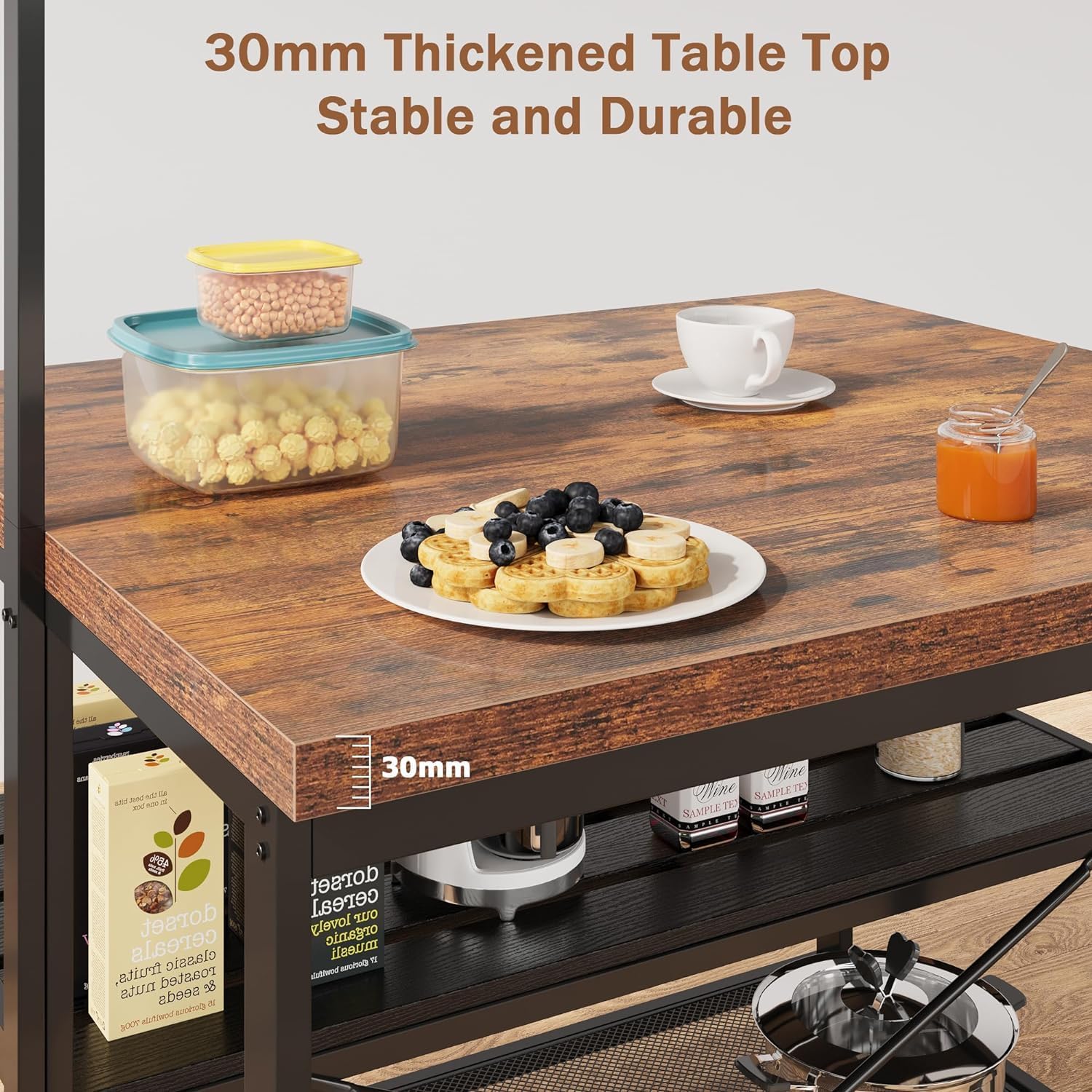 GarveeHome Kitchen Island with Storage, 42''Island Table for Kitchen with Seating Bakers Rack Microwave Oven Stand Shelf with 3 Tier Storage Shelf for Dining Room Living Room, 5 Hooks 42"*28"*72"